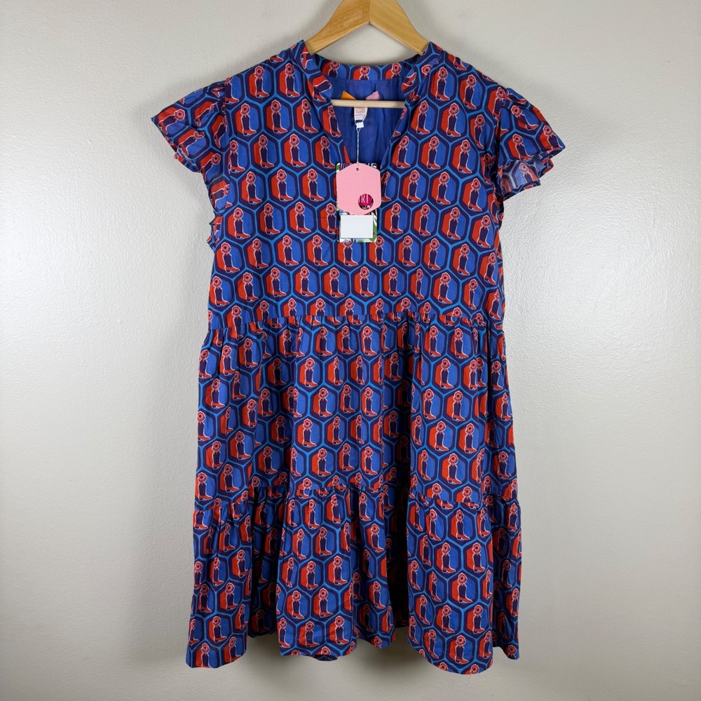 Briton Court Women's LG Tiered Shift Dress Blue Red Cowboy Boot Geometric Cotton